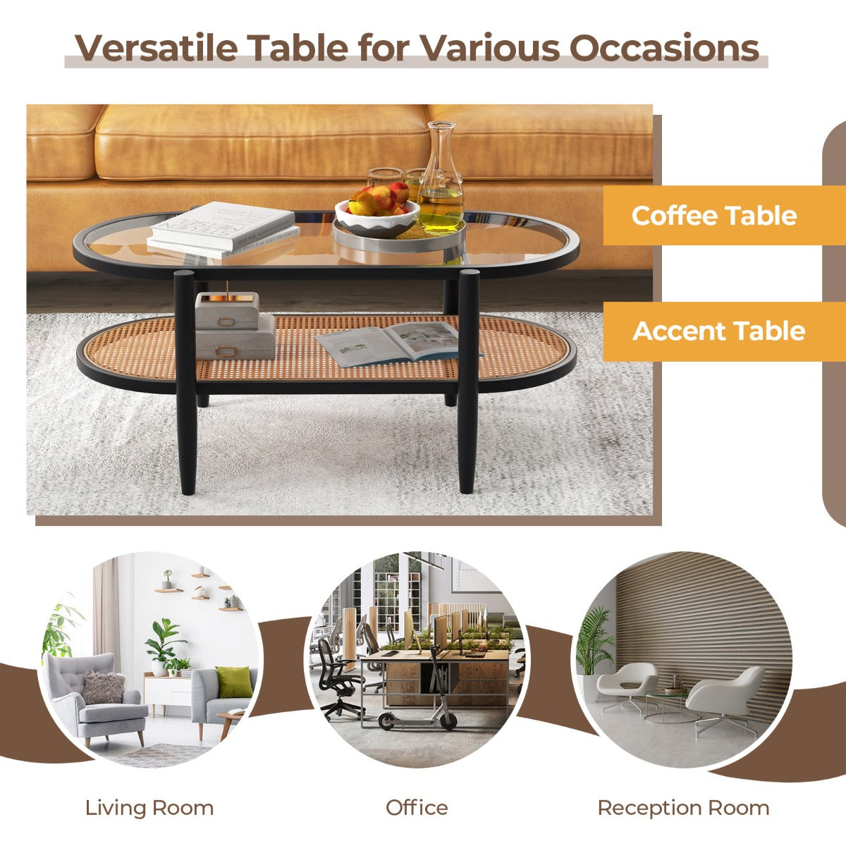 LIVSK Salontafel - Houten Frame - Gehard Glas Tafelblad - Ruime Opbergruimte - Eenvoudige Montage - Zwart + Naturel