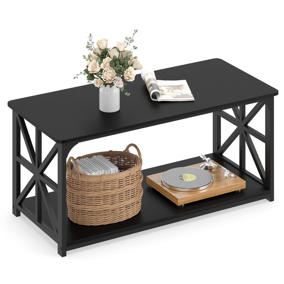 LIVSK Salontafel met 2 Niveaus - Stevig Metaal - Ruime Opbergruimte - Antislipvoetjes - 109 x 50 x 48 cm - Rustiek Bruin