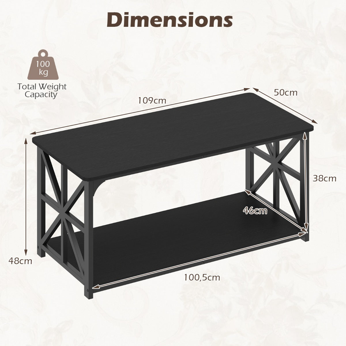 LIVSK Salontafel met 2 Niveaus - Stevig Metaal - Ruime Opbergruimte - Antislipvoetjes - 109 x 50 x 48 cm - Rustiek Bruin
