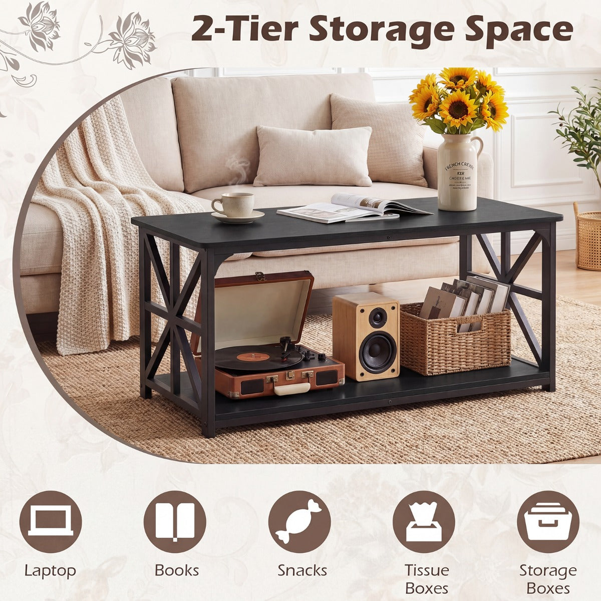 LIVSK Salontafel met 2 Niveaus - Stevig Metaal - Ruime Opbergruimte - Antislipvoetjes - 109 x 50 x 48 cm - Rustiek Bruin