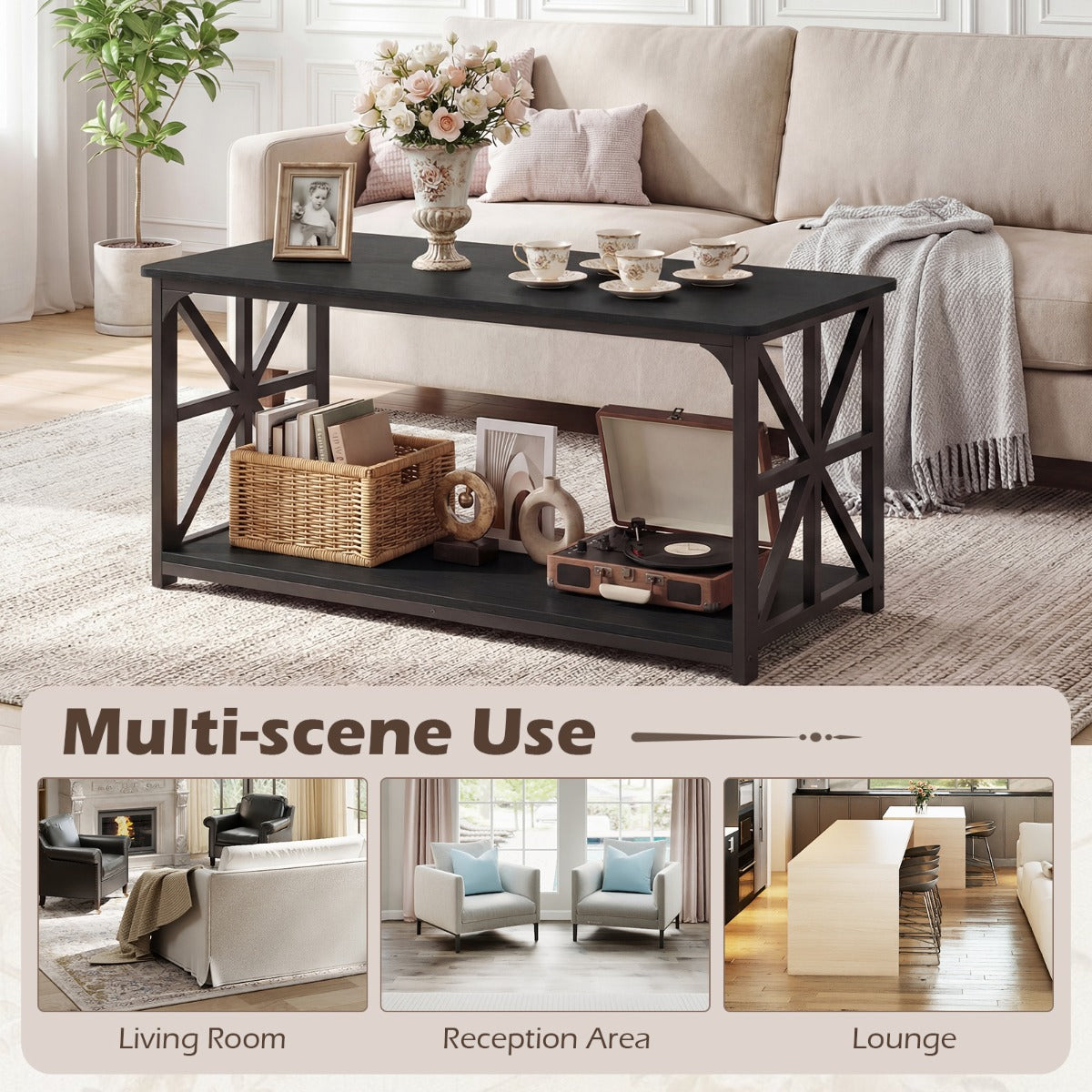 LIVSK Salontafel met 2 Niveaus - Stevig Metaal - Ruime Opbergruimte - Antislipvoetjes - 109 x 50 x 48 cm - Rustiek Bruin