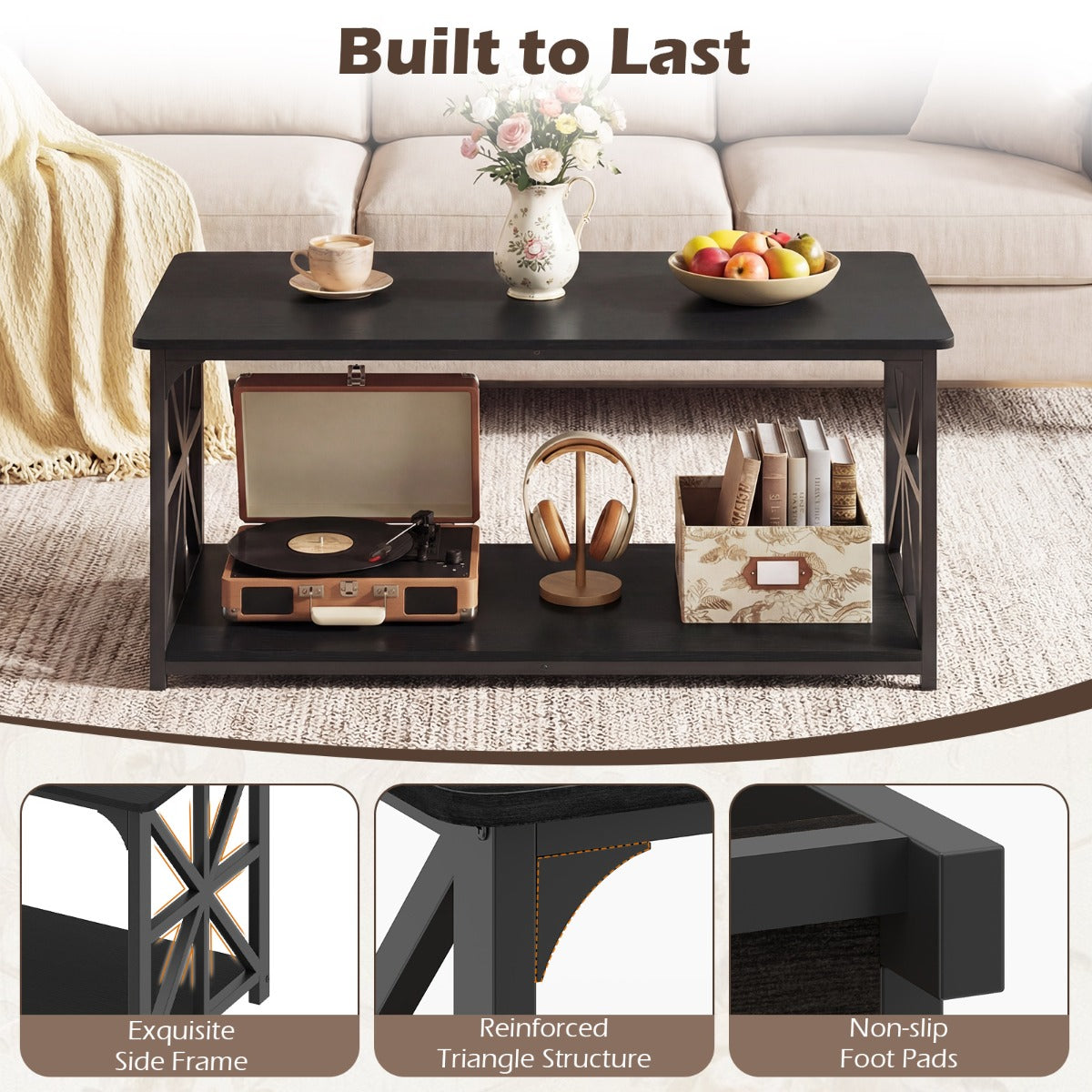 LIVSK Salontafel met 2 Niveaus - Stevig Metaal - Ruime Opbergruimte - Antislipvoetjes - 109 x 50 x 48 cm - Rustiek Bruin