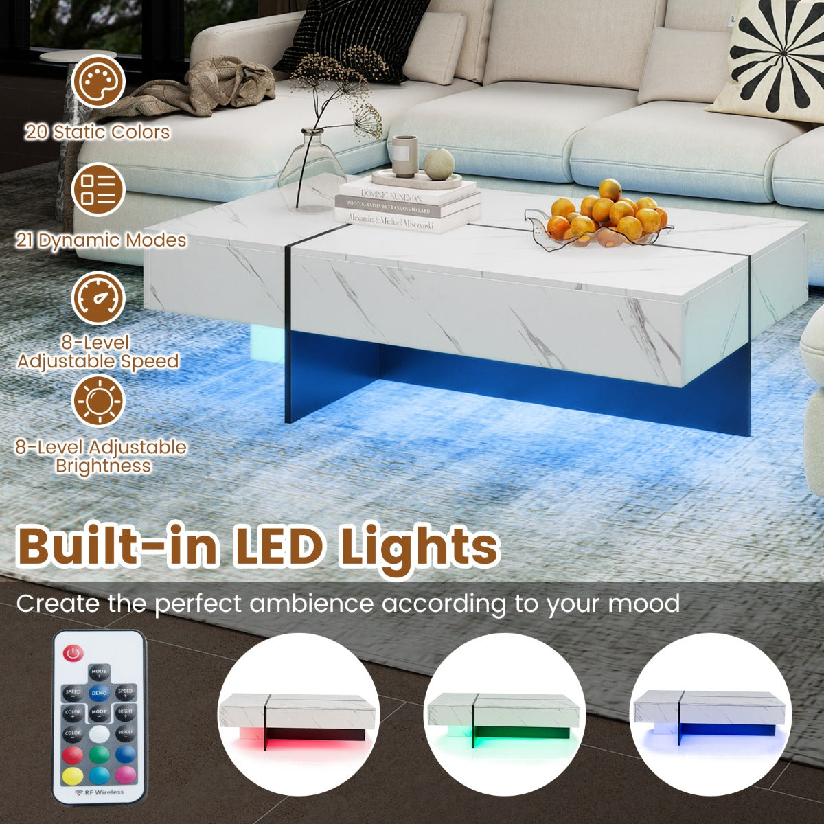 LIVSK Salontafel met LED-verlichting - Hoogglanzend en Krasbestendig - 3 Opberglades - Draagvermogen 90 kg - Zwart/Wit
