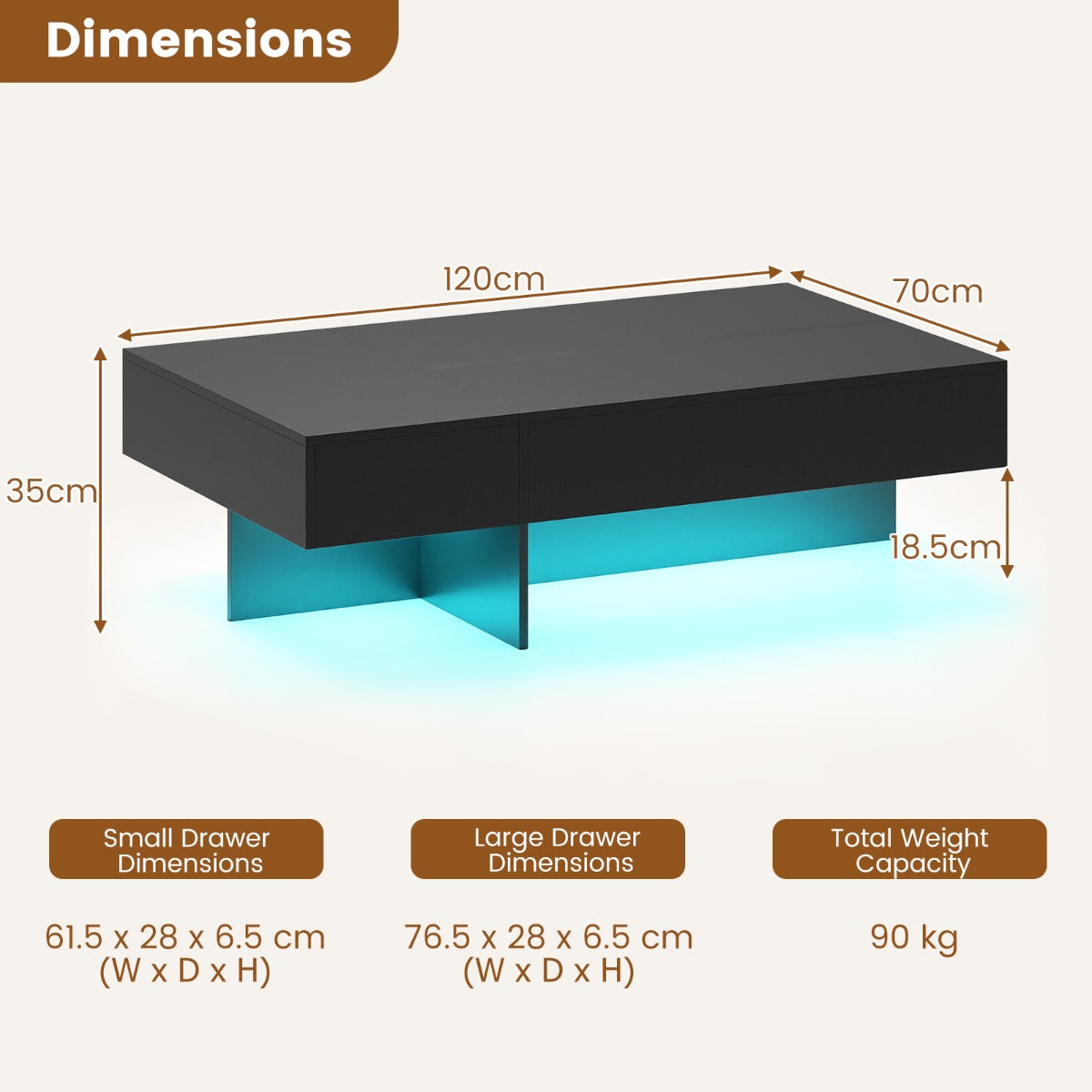 LIVSK Salontafel met LED-verlichting - Hoogglanzend en Krasbestendig - 3 Opberglades - Totale Belastbaarheid 90 kg - Zwart/Wit
