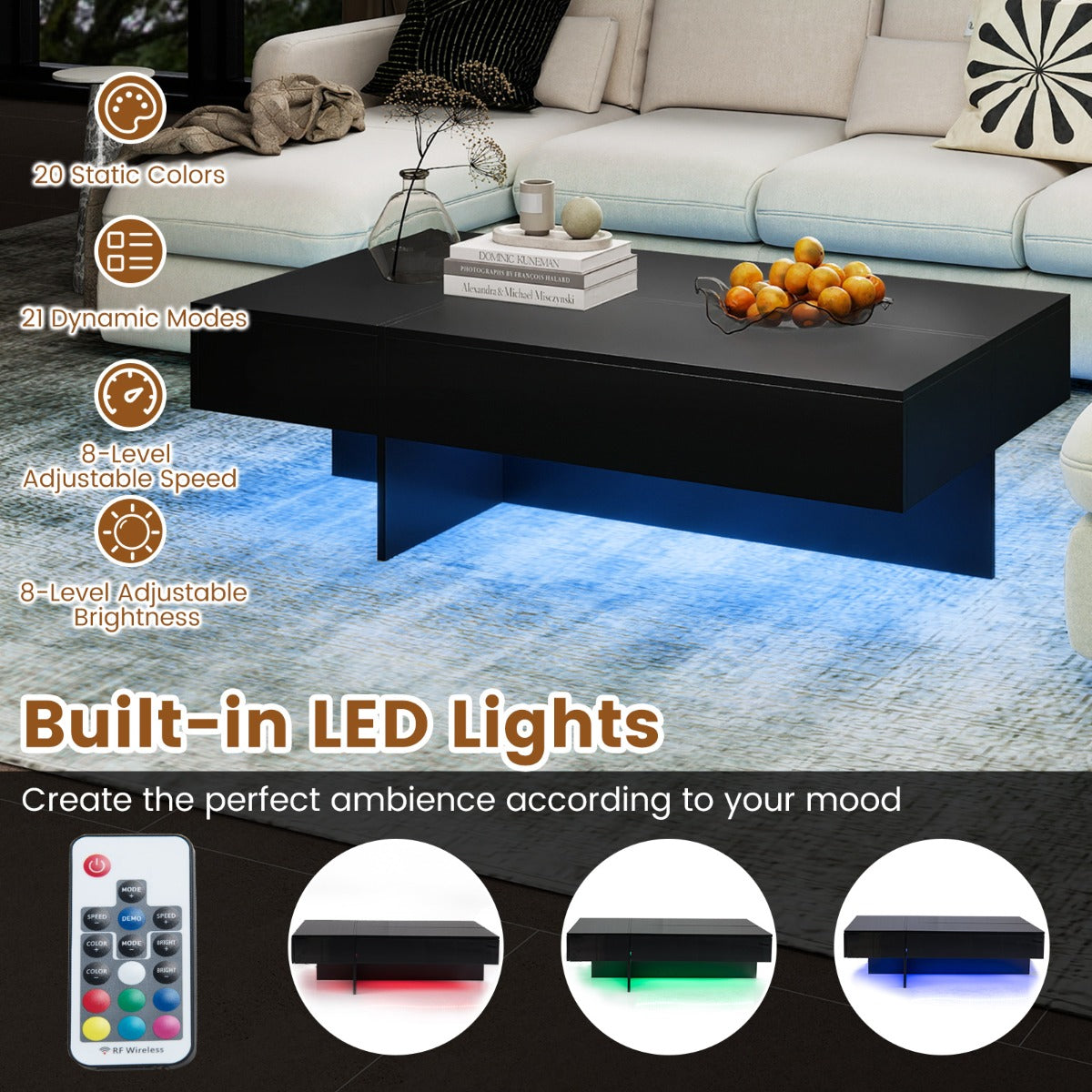 LIVSK Salontafel met LED-verlichting - Hoogglanzend en Krasbestendig - 3 Opberglades - Totale Belastbaarheid 90 kg - Zwart/Wit