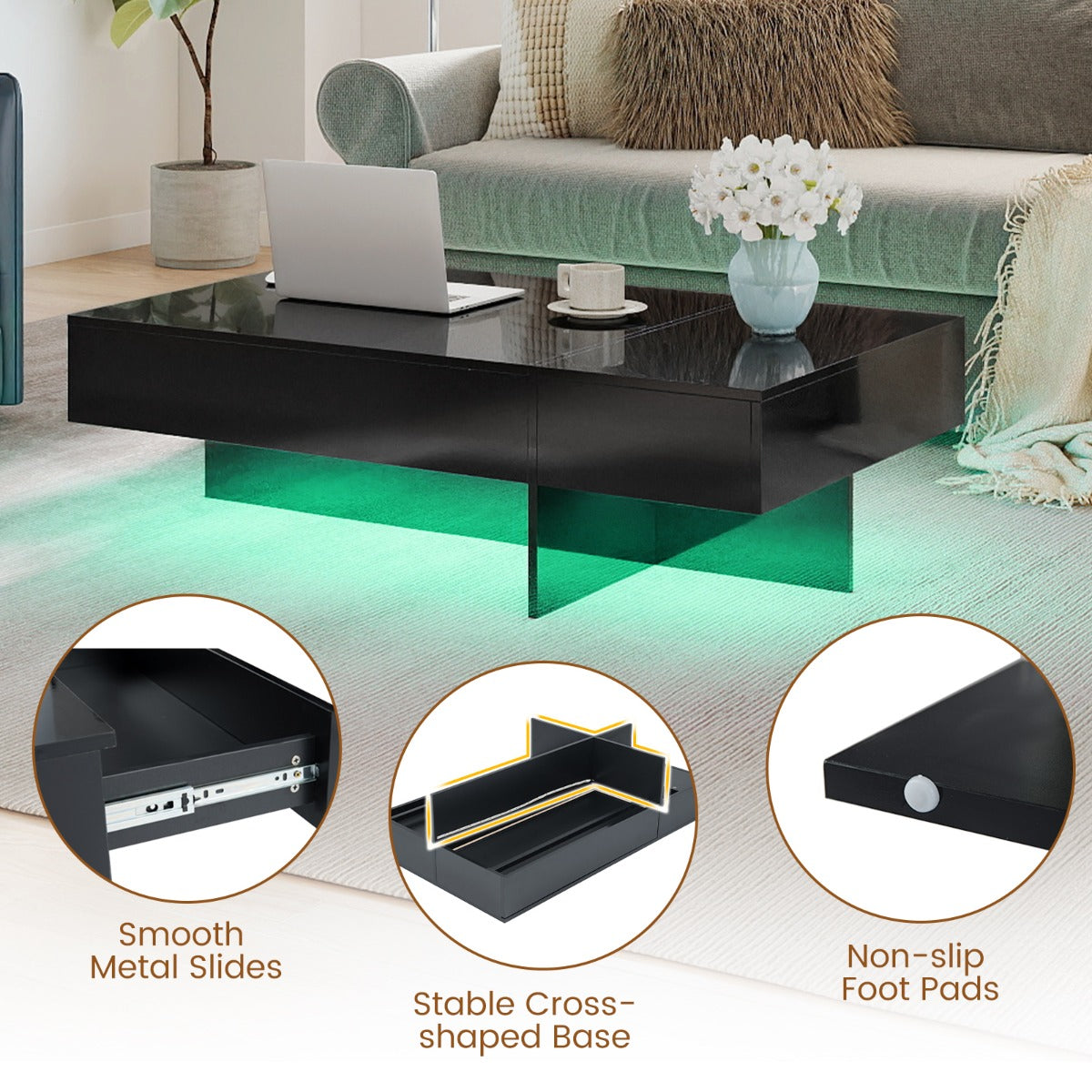 LIVSK Salontafel met LED-verlichting - Hoogglanzend en Krasbestendig - 3 Opberglades - Totale Belastbaarheid 90 kg - Zwart/Wit