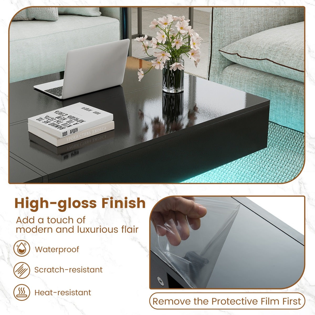 LIVSK Salontafel met LED-verlichting - Hoogglanzend en Krasbestendig - 3 Opberglades - Totale Belastbaarheid 90 kg - Zwart/Wit