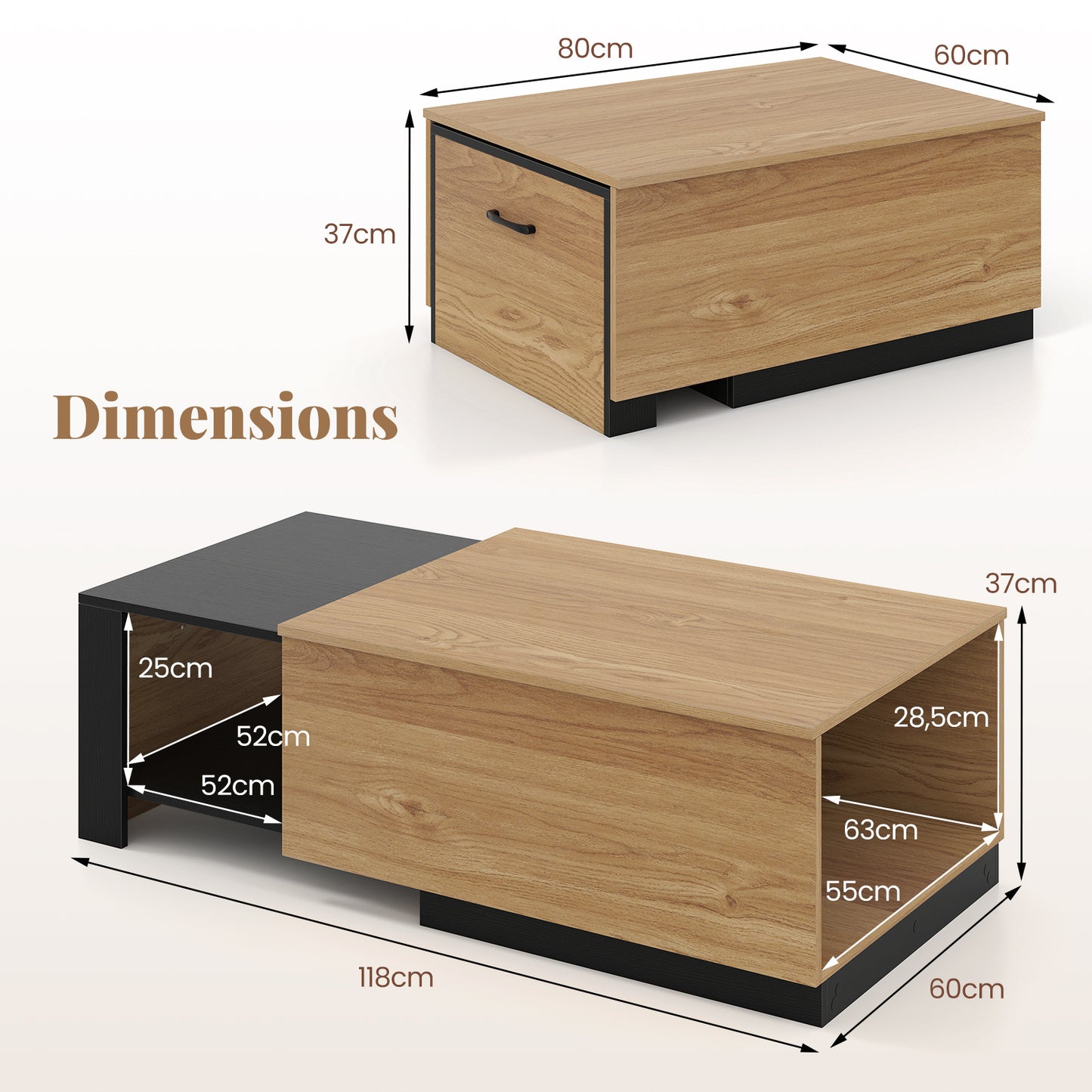 LIVSK Salontafel met Uitschuifbaar Tafelblad - Praktische Opbergruimte - Robuust Hout - Modern Design - Naturel + Zwart