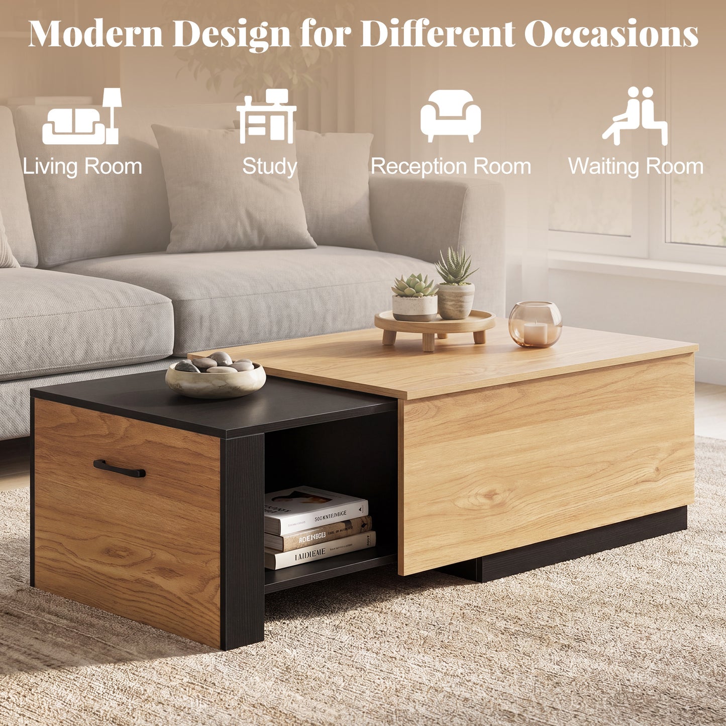 LIVSK Salontafel met Uitschuifbaar Tafelblad - Praktische Opbergruimte - Robuust Hout - Modern Design - Naturel + Zwart