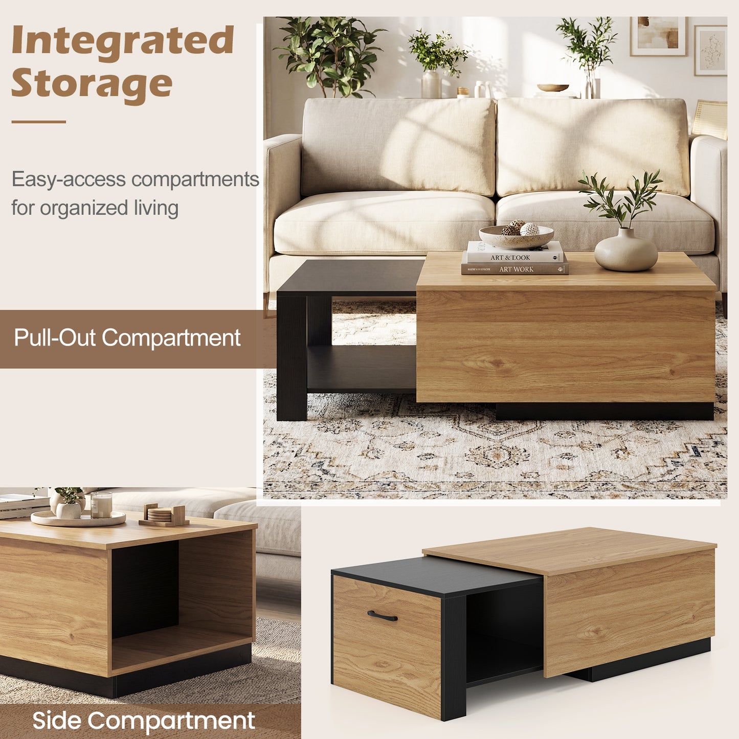 LIVSK Salontafel met Uitschuifbaar Tafelblad - Praktische Opbergruimte - Robuust Hout - Modern Design - Naturel + Zwart
