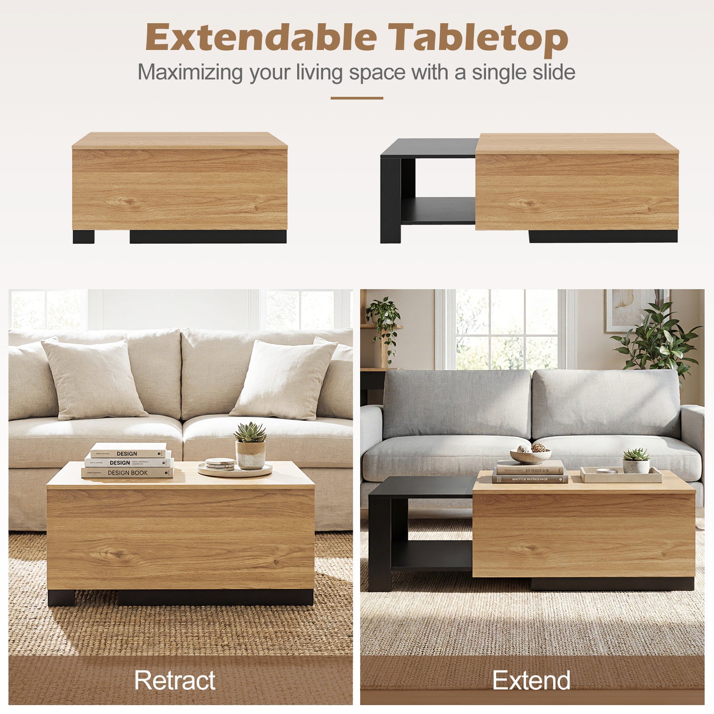 LIVSK Salontafel met Uitschuifbaar Tafelblad - Praktische Opbergruimte - Robuust Hout - Modern Design - Naturel + Zwart