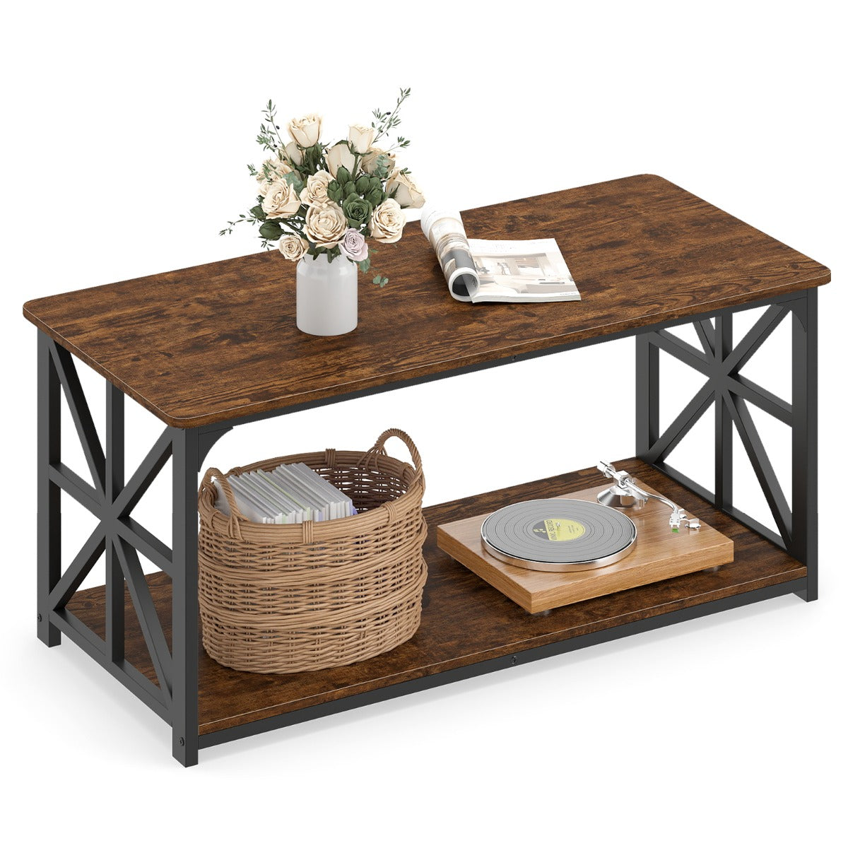 LIVSK Salontafel - Stevig Metalen Frame - Ruimte voor Opberging - Verzorgde Hoeken - 109 x 50 x 48 cm - Rustiek Bruin