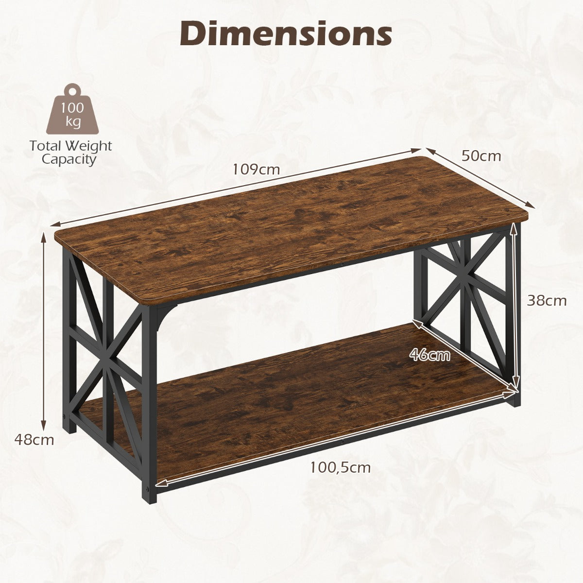 LIVSK Salontafel - Stevig Metalen Frame - Ruimte voor Opberging - Verzorgde Hoeken - 109 x 50 x 48 cm - Rustiek Bruin