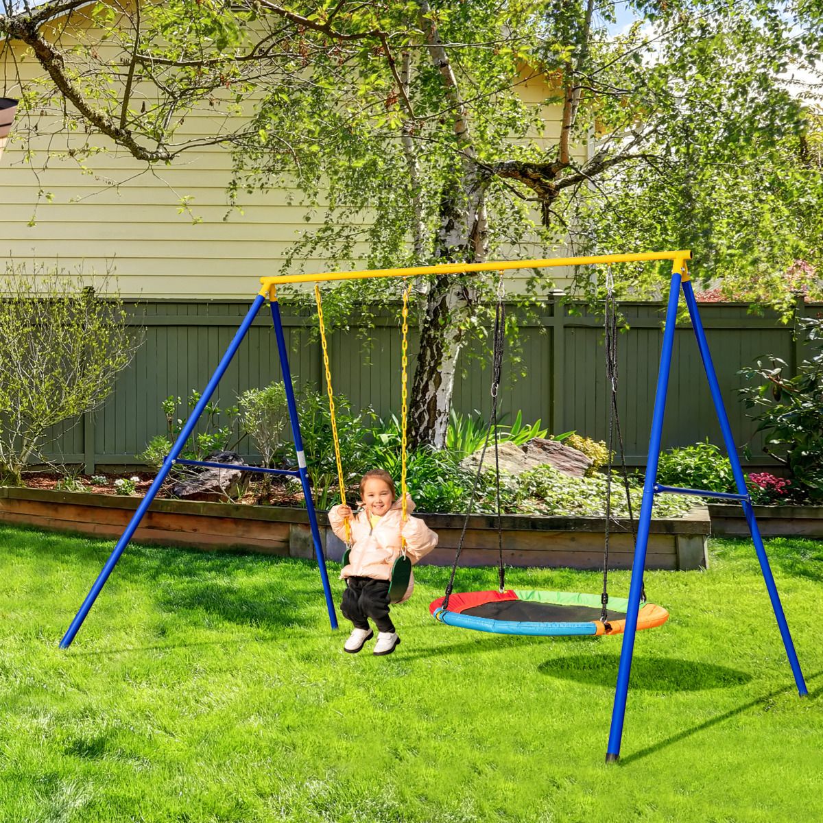 LIVSK Schommelframe met Schommelset - Stabiel A-vormig Ontwerp - Roestbestendig Staal - Hoog Draagvermogen 300 kg - Blauw + Geel