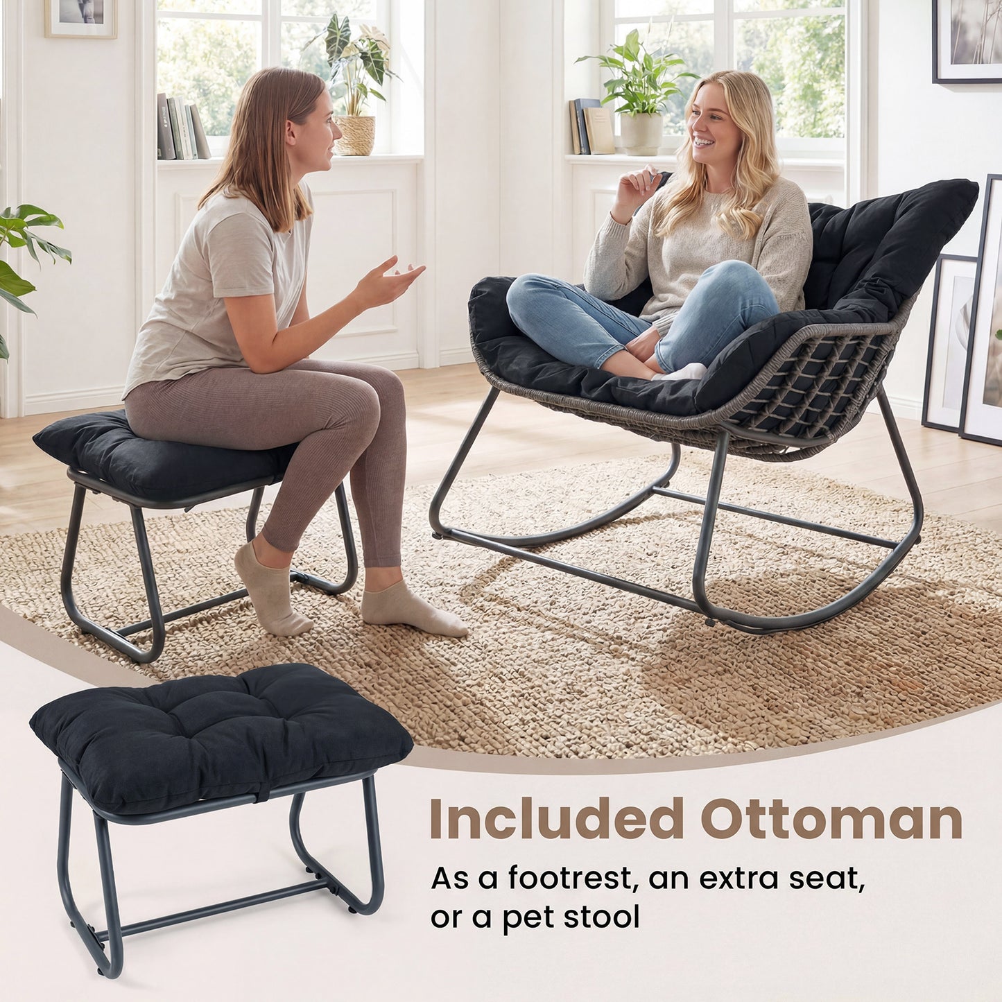 LIVSK Schommelstoel met Voetenbank - Ergonomisch Ontwerp - Afneembare Kussens - Duurzaam Metalen Frame - Zwart/Grijs/Beige