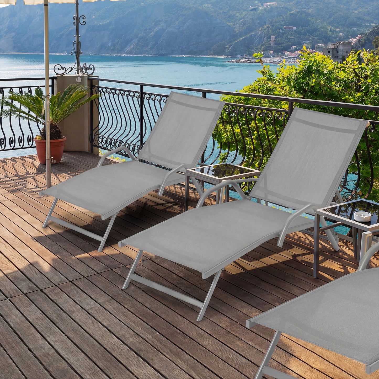 LIVSK Set van 2 Verstelbare Ligstoelen - 5 Posities - Ademend Stof - Stalen Frame - Voor Buiten - Grijs