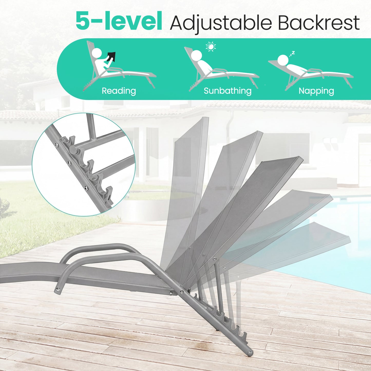 LIVSK Set van 2 Verstelbare Ligstoelen - 5 Posities - Duurzaam Stalen Frame - Sneldrogende Stof - Grijs