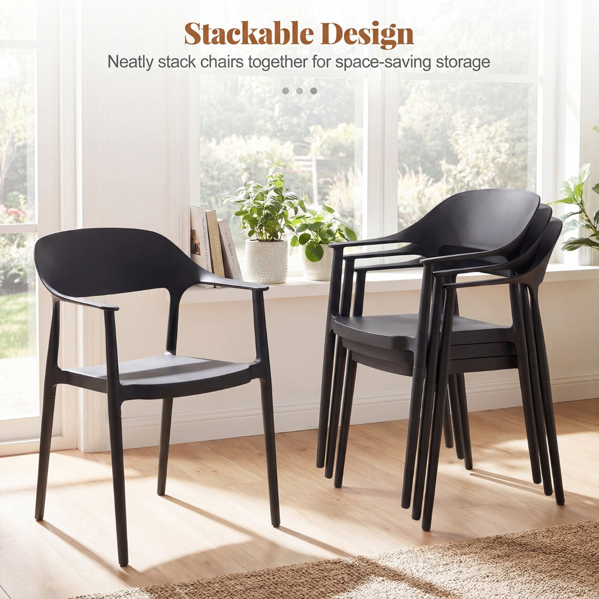 LIVSK Set van 4 Eetkamerstoelen - Weerbestendig PP - Ergonomisch Comfort - Ruimtebesparend Stapelbaar - Zwart/Wit