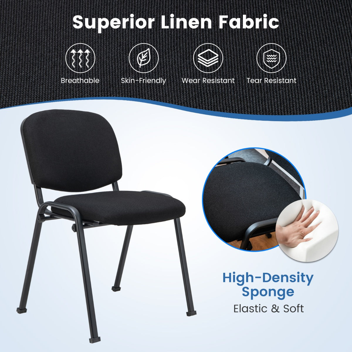 LIVSK Set van 5 Vergaderstoelen - Stevig Metaal - Ergonomische Rugleuning - Stapelbaar - Zwart