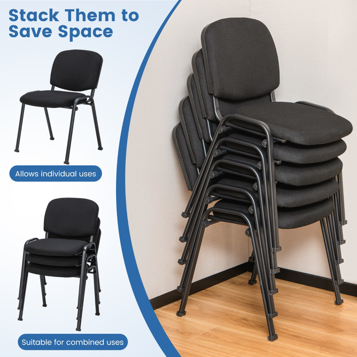 LIVSK Set van 5 Vergaderstoelen - Stevig Metaal - Ergonomische Rugleuning - Stapelbaar - Zwart