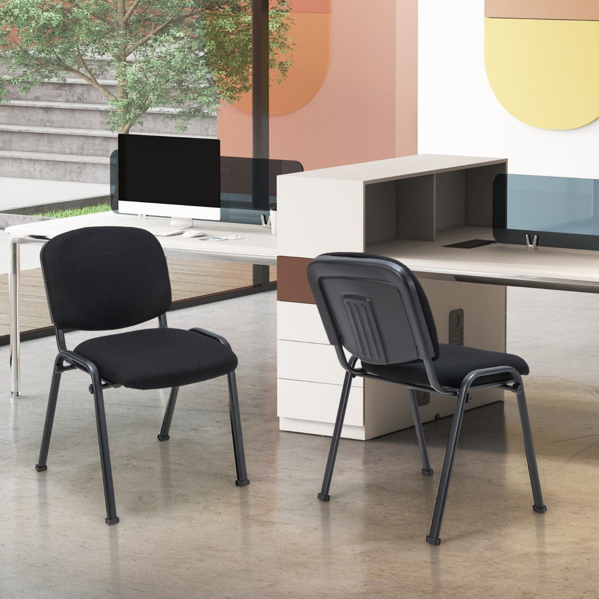LIVSK Set van 5 Vergaderstoelen - Stevig Metaal - Ergonomische Rugleuning - Stapelbaar - Zwart
