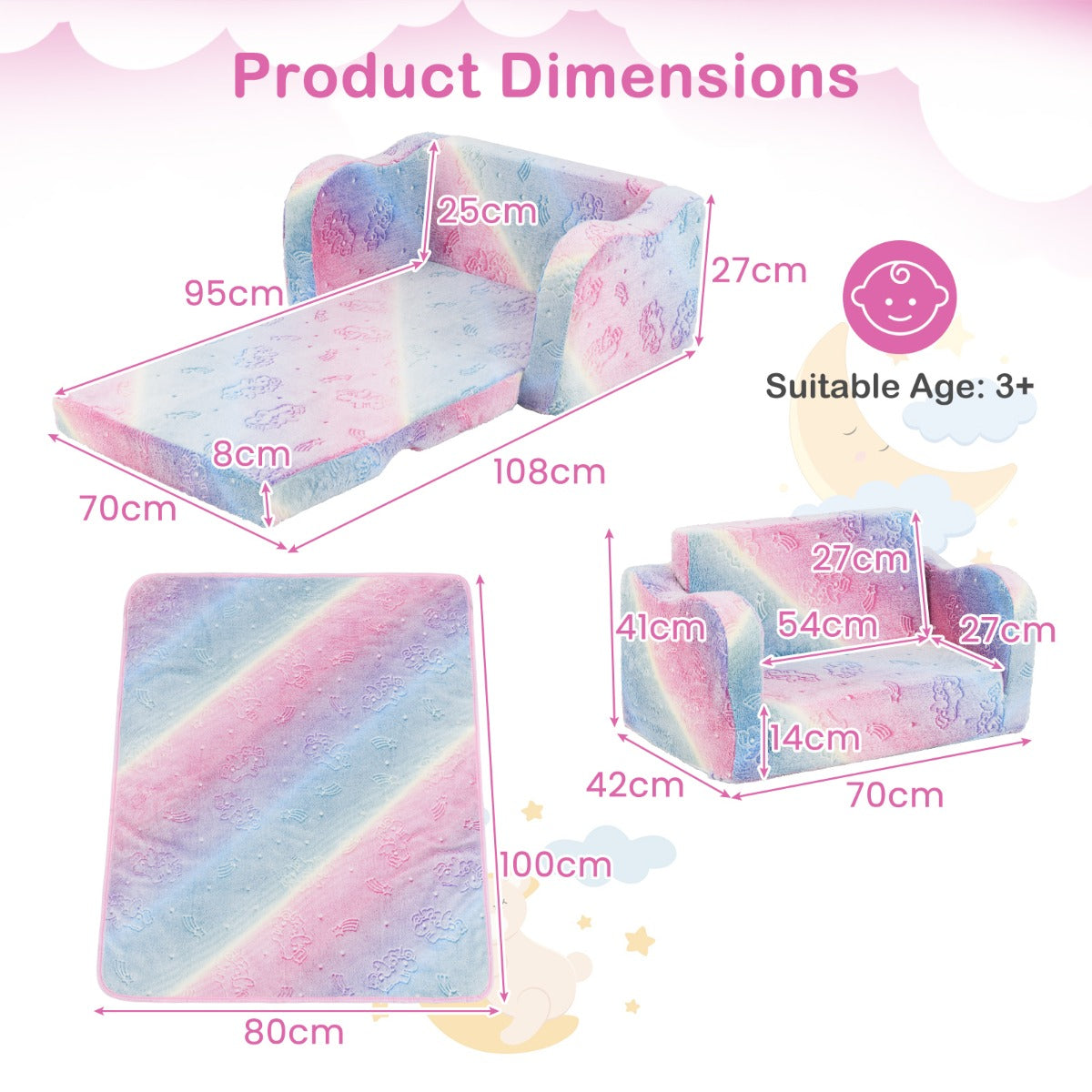 LIVSK Slaapbank met Deken - Omvormbaar tot Chaise Longue - Flanellen Stof - Glow-in-the-Dark - Geschikt voor Kinderen -
