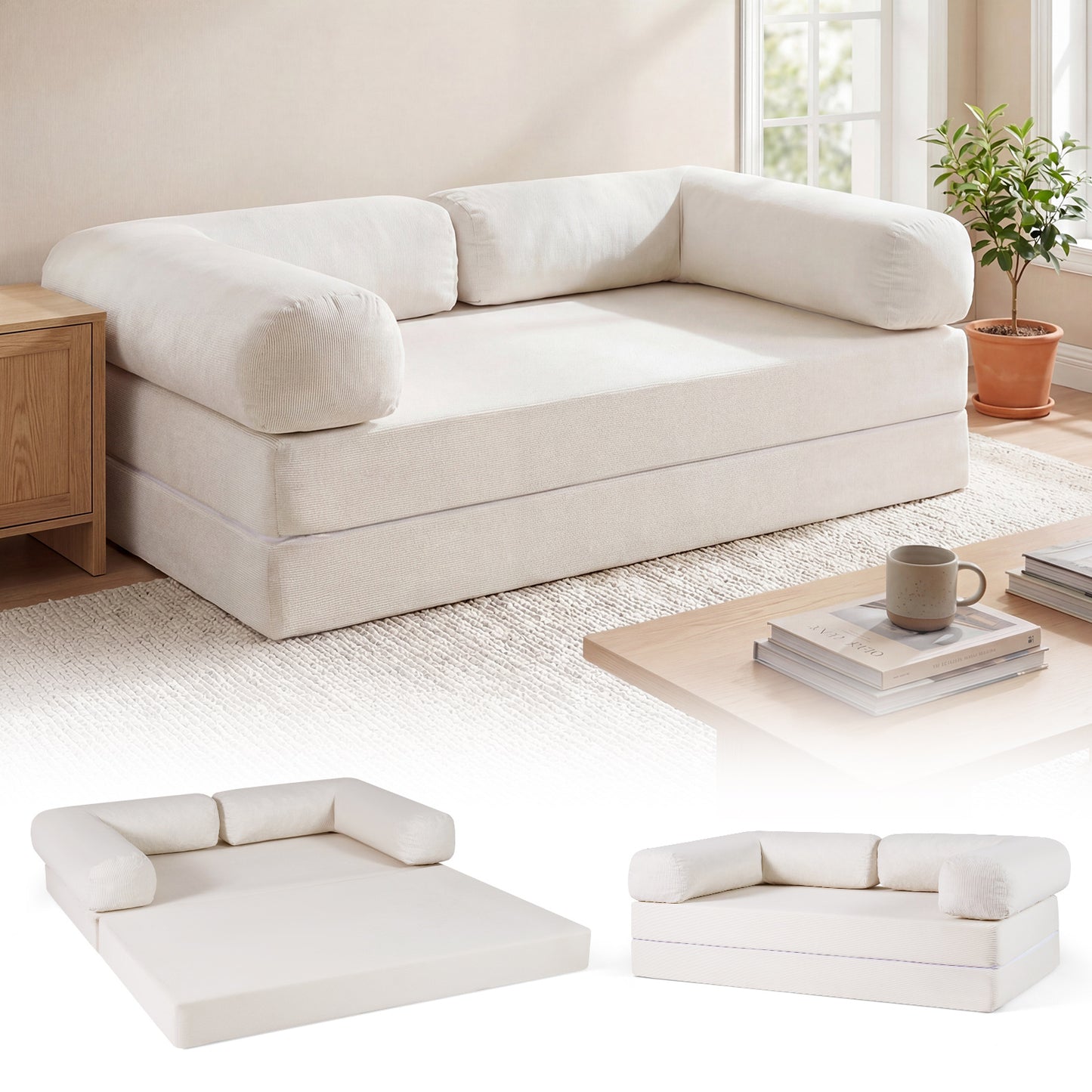 LIVSK Slaapbank - Transformeerbaar van 2-zits naar Bed - Zachte Cordstof - Afneembare Armleuningen - Beige