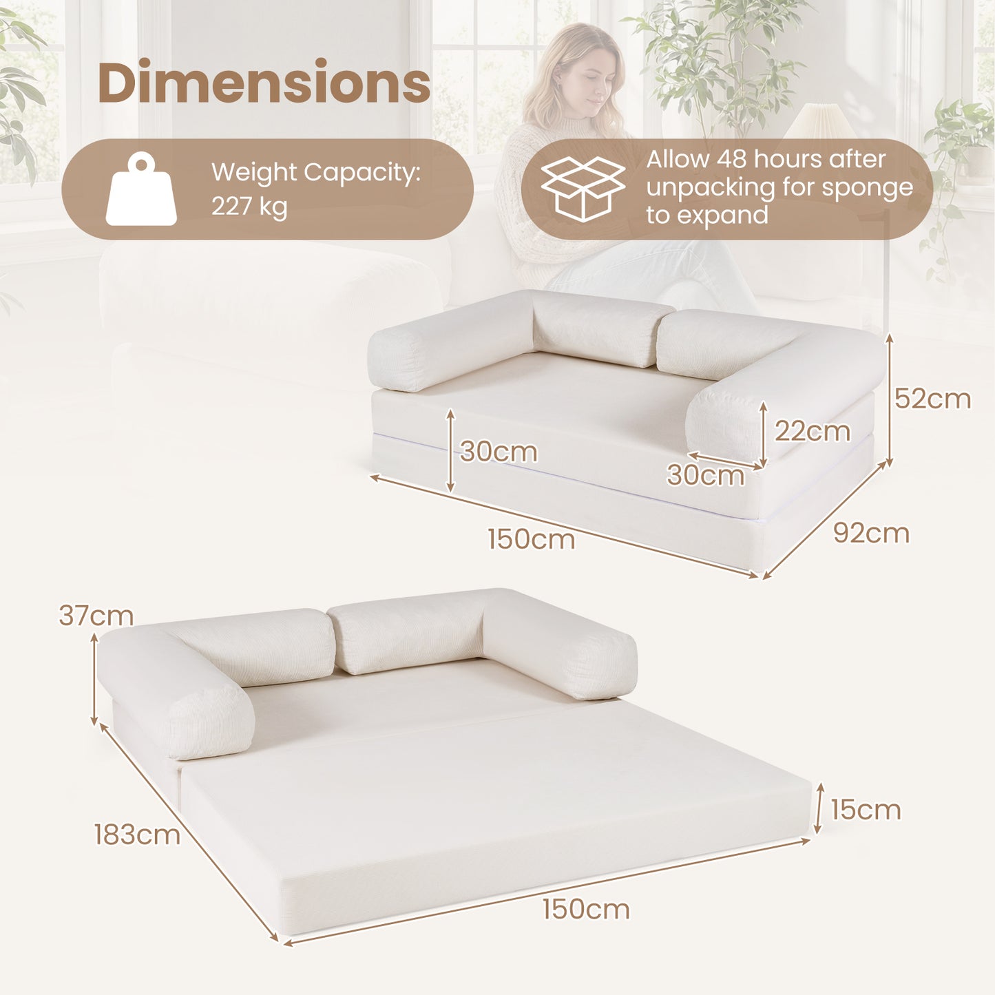 LIVSK Slaapbank - Transformeerbaar van 2-zits naar Bed - Zachte Cordstof - Afneembare Armleuningen - Beige