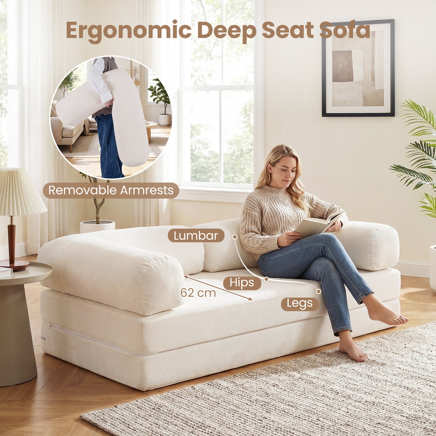 LIVSK Slaapbank - Transformeerbaar van 2-zits naar Bed - Zachte Cordstof - Afneembare Armleuningen - Beige