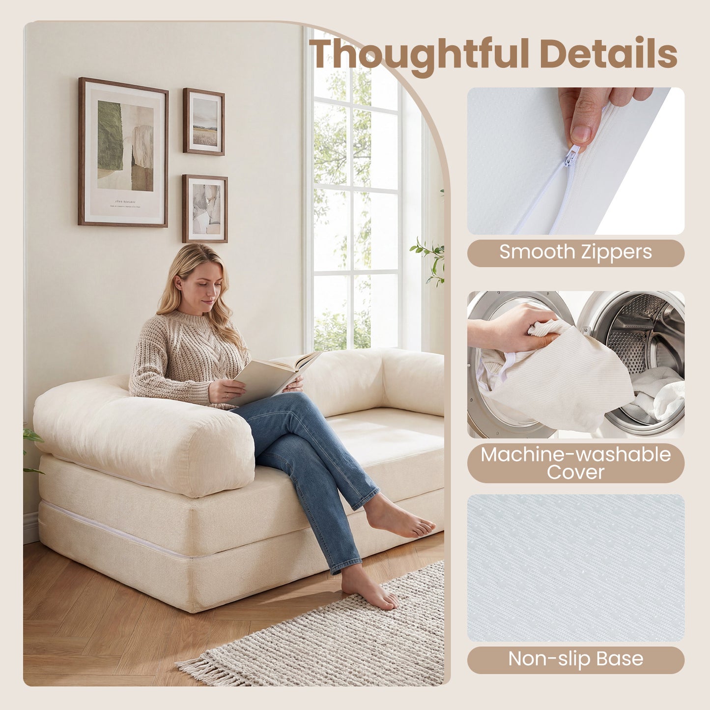LIVSK Slaapbank - Transformeerbaar van 2-zits naar Bed - Zachte Cordstof - Afneembare Armleuningen - Beige