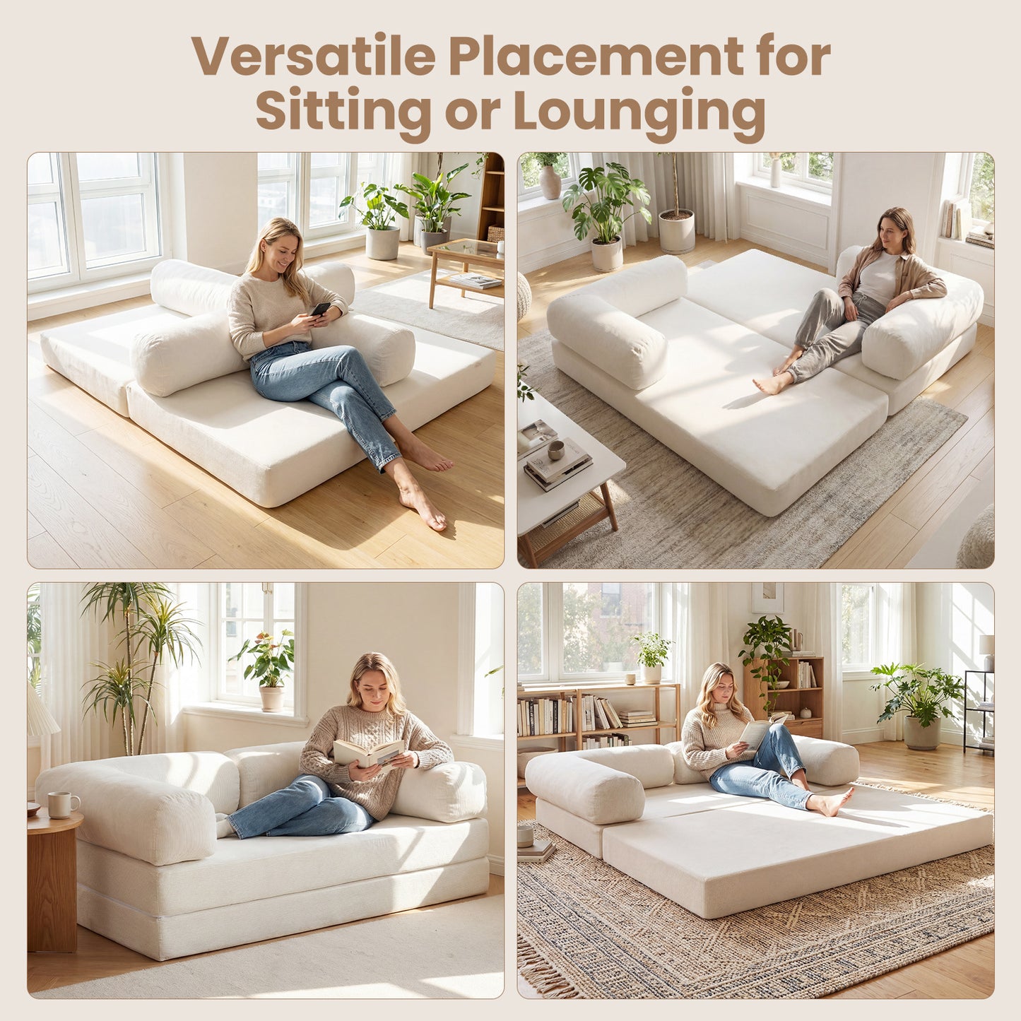 LIVSK Slaapbank - Transformeerbaar van 2-zits naar Bed - Zachte Cordstof - Afneembare Armleuningen - Beige