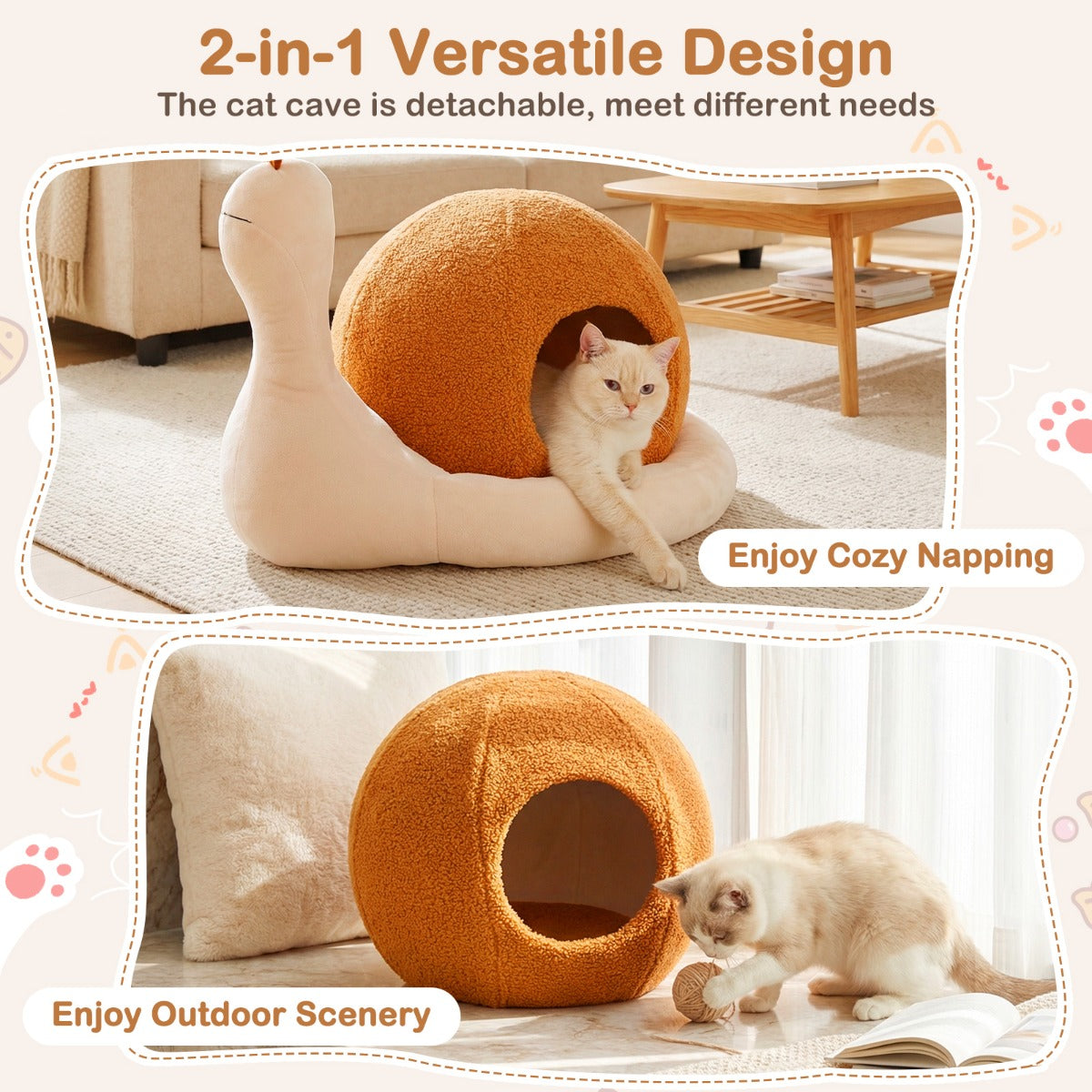 LIVSK Slakkenvormige Kattenmand - 2-in-1 Ontwerp - Afneembaar Kussen - Antislip Onderkant - Bruin + Wit