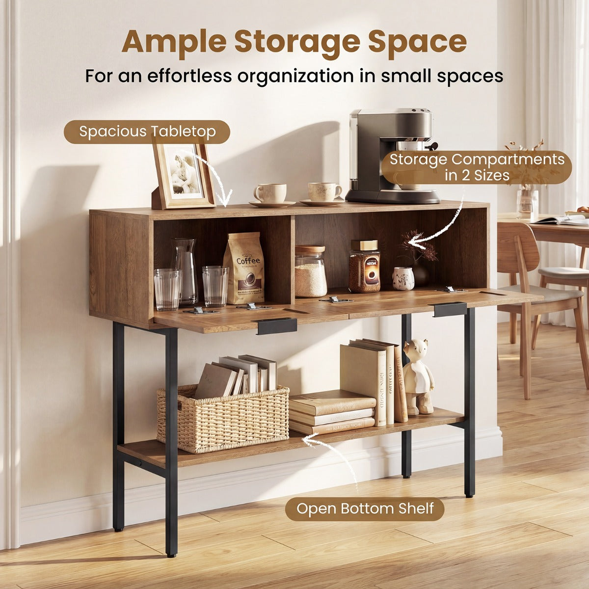 LIVSK Smalle Consoletafel - Houtcomposiet - Verstelbare Voetjes - Veel Opbergruimte - Elegant Design - Zwart & Naturel