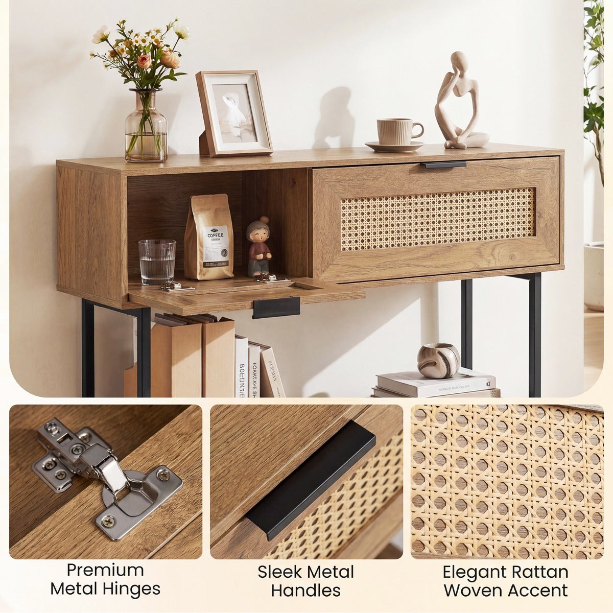 LIVSK Smalle Consoletafel - Houtcomposiet - Verstelbare Voetjes - Veel Opbergruimte - Elegant Design - Zwart & Naturel