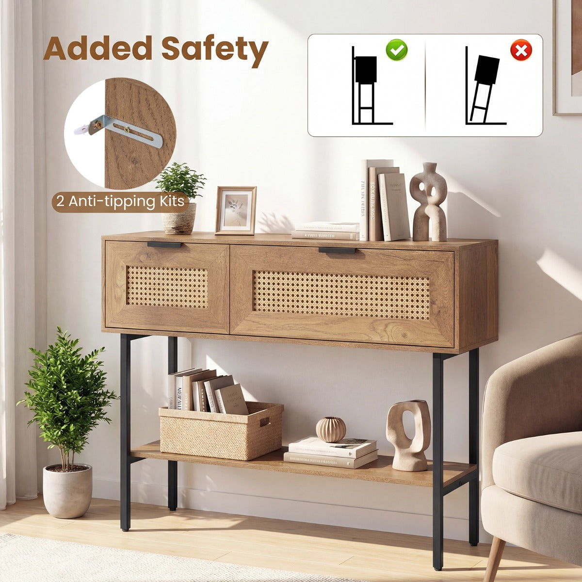 LIVSK Smalle Consoletafel - Houtcomposiet - Verstelbare Voetjes - Veel Opbergruimte - Elegant Design - Zwart & Naturel