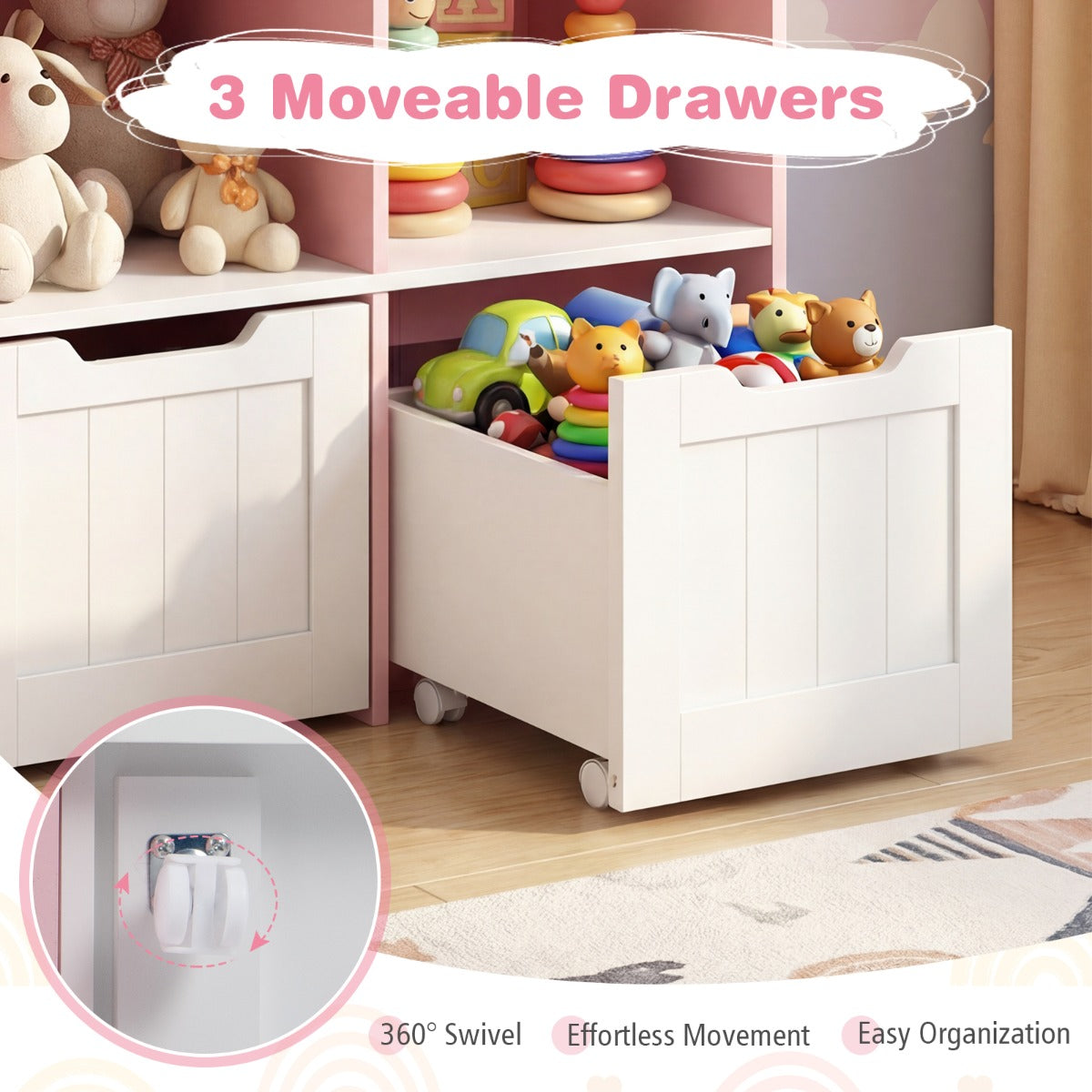 LIVSK Speelgoedkast - Robuuste MDF Constructie - 5 Open Vakken - 3 Uittrekbare Lades - Kindvriendelijk Ontwerp - Wit + Roze