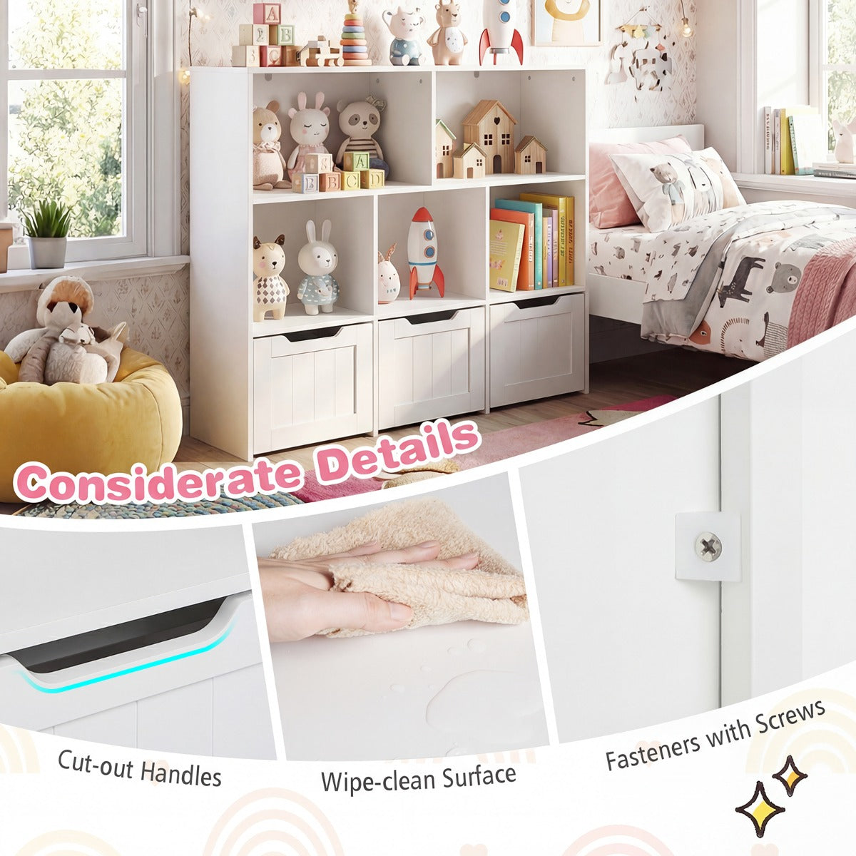 LIVSK Speelgoedkast - Ruime Opbergruimte - 5 Open Vakken - 3 Uittrekbare Lades - Kindvriendelijk Ontwerp - Wit/Roze