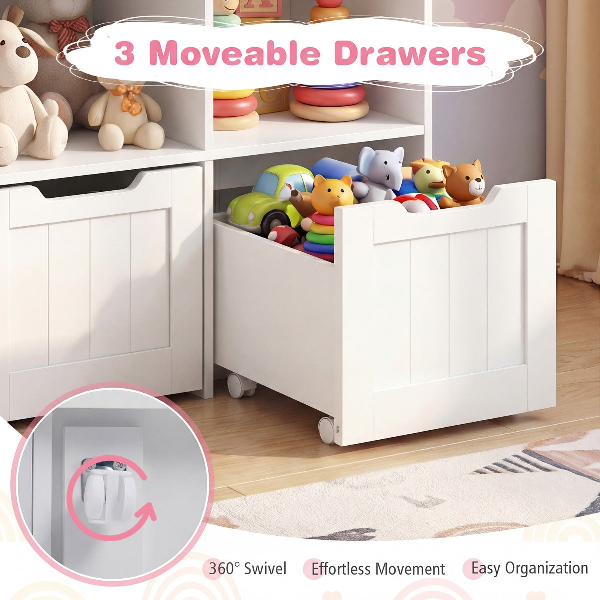 LIVSK Speelgoedkast - Ruime Opbergruimte - 5 Open Vakken - 3 Uittrekbare Lades - Kindvriendelijk Ontwerp - Wit/Roze