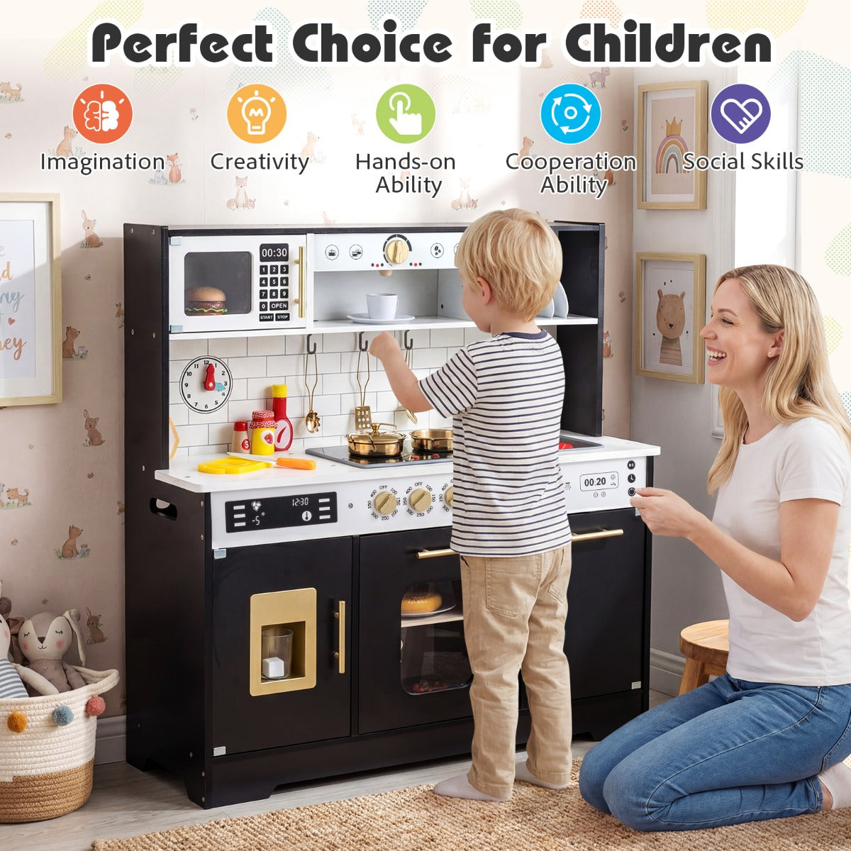 LIVSK Speelkeuken - Met Licht en Geluid - Inclusief Accessoires - Ruim Werkblad - Geschikt voor Kinderen vanaf 3 Jaar - Zwart/Wit