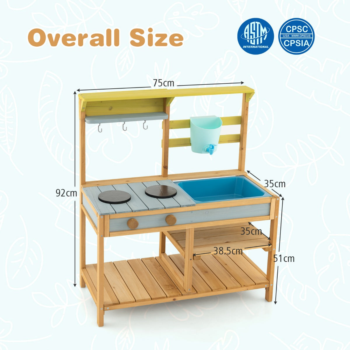 LIVSK Speelkeuken voor Kinderen - Massief Dennenhout - Echte Waterstroom - Verstelbare Knoppen - Creatief Spel - Natuur + Blauw +