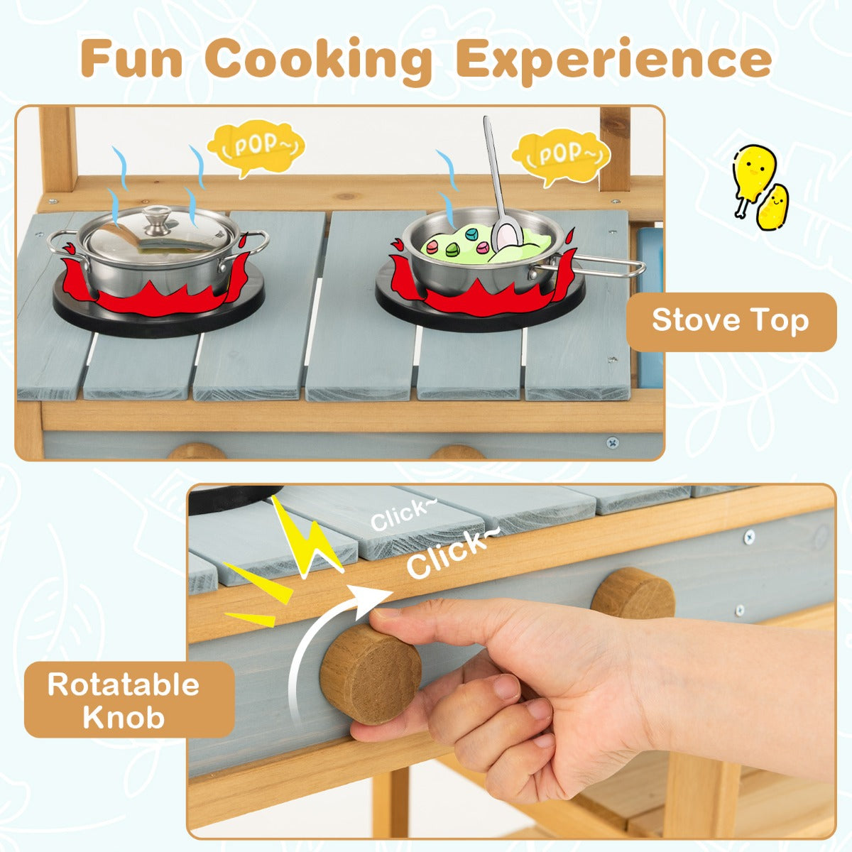 LIVSK Speelkeuken voor Kinderen - Massief Dennenhout - Echte Waterstroom - Verstelbare Knoppen - Creatief Spel - Natuur + Blauw +