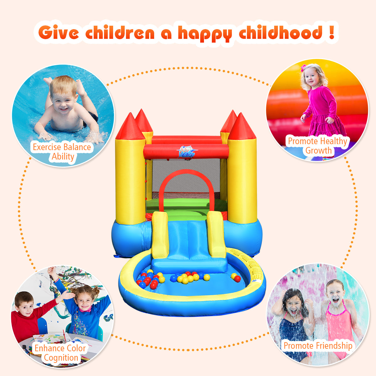 LIVSK Springkussen voor Kinderen - Springhuis, Glijbaan & Ballenbak - Hoogwaardig Oxford-doek - Inclusief 50 Ballen - Meerkleurig