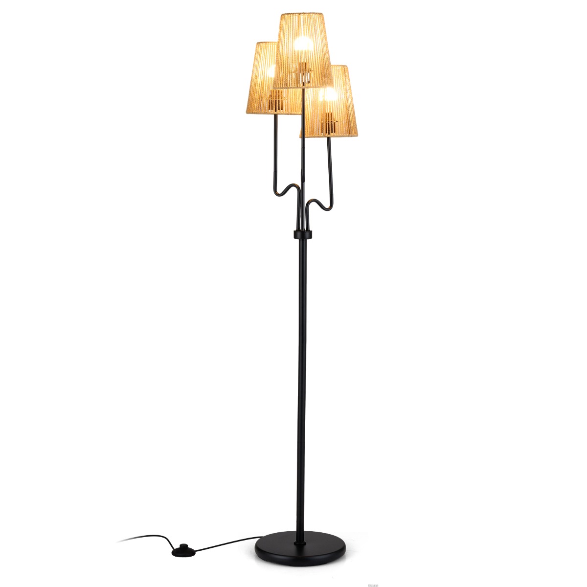 LIVSK Staande Lamp - 175 cm Hoog - Gevlochten Papier Lampenkappen - Zware Metalen Voet - Voetschakelaar - Zwart