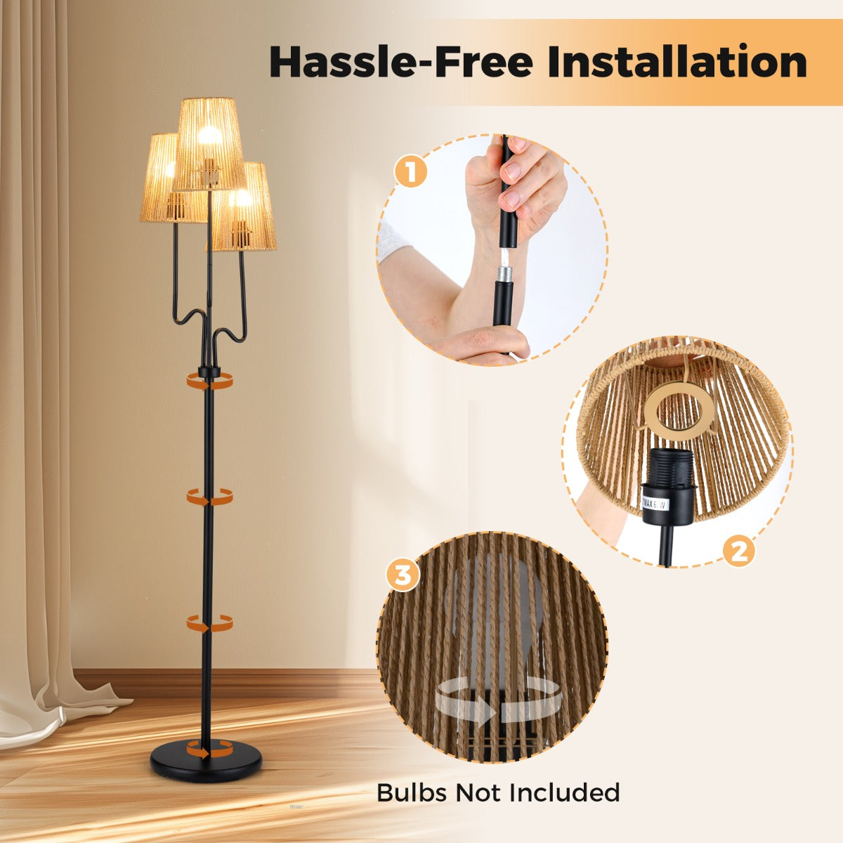 LIVSK Staande Lamp - 175 cm Hoog - Gevlochten Papier Lampenkappen - Zware Metalen Voet - Voetschakelaar - Zwart