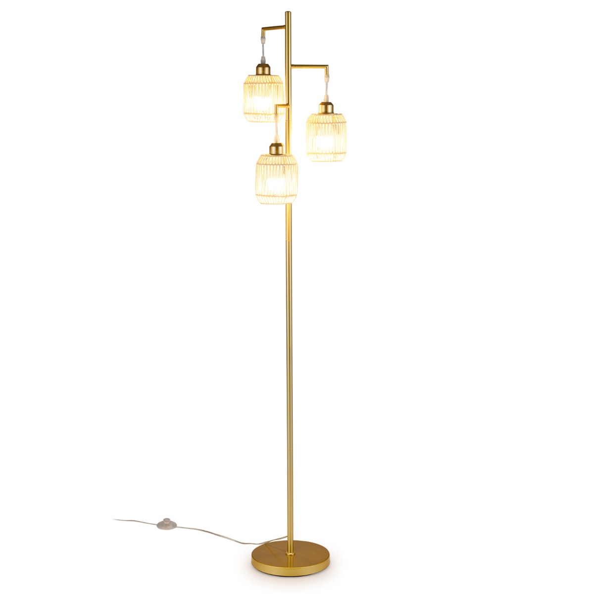 LIVSK Staande Lamp - 3 E27-fittingen - Elegante Lampenkappen - Voetschakelaar - Zwart/Goud