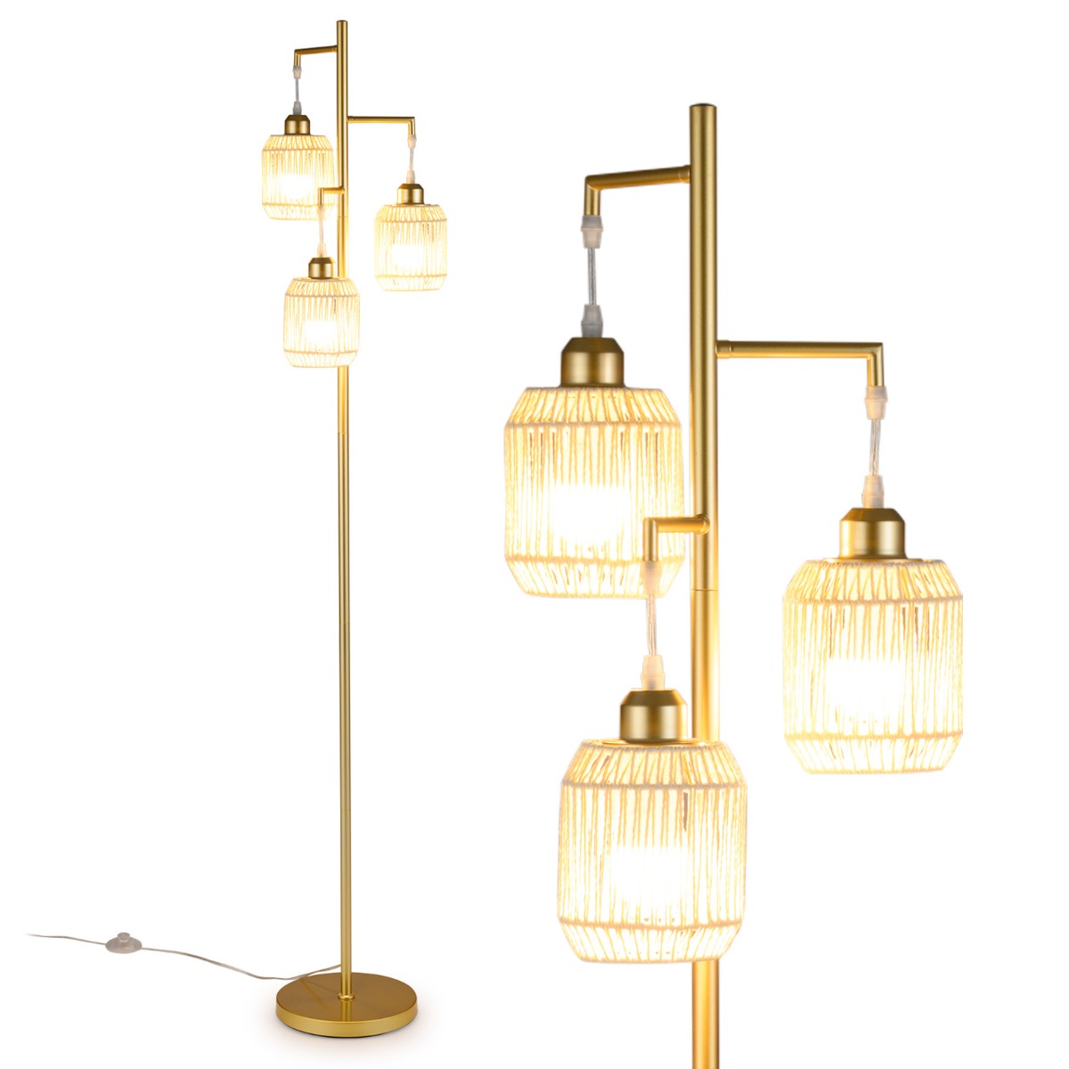 LIVSK Staande Lamp - 3 E27-fittingen - Elegante Lampenkappen - Voetschakelaar - Zwart/Goud