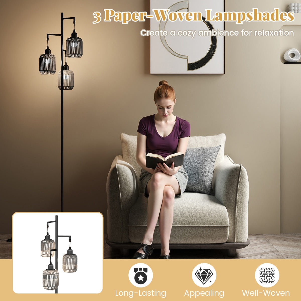 LIVSK Staande Lamp - 3 E27-Fittingen - Voetschakelaar - Stabiliteit met Metalen Voet - Zwart/Goud