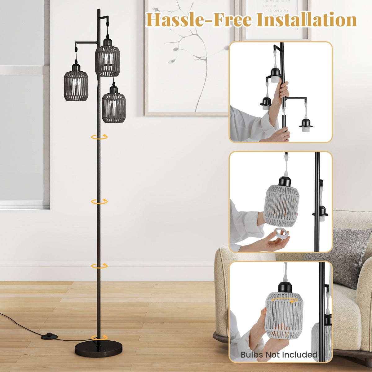 LIVSK Staande Lamp - 3 E27-Fittingen - Voetschakelaar - Stabiliteit met Metalen Voet - Zwart/Goud