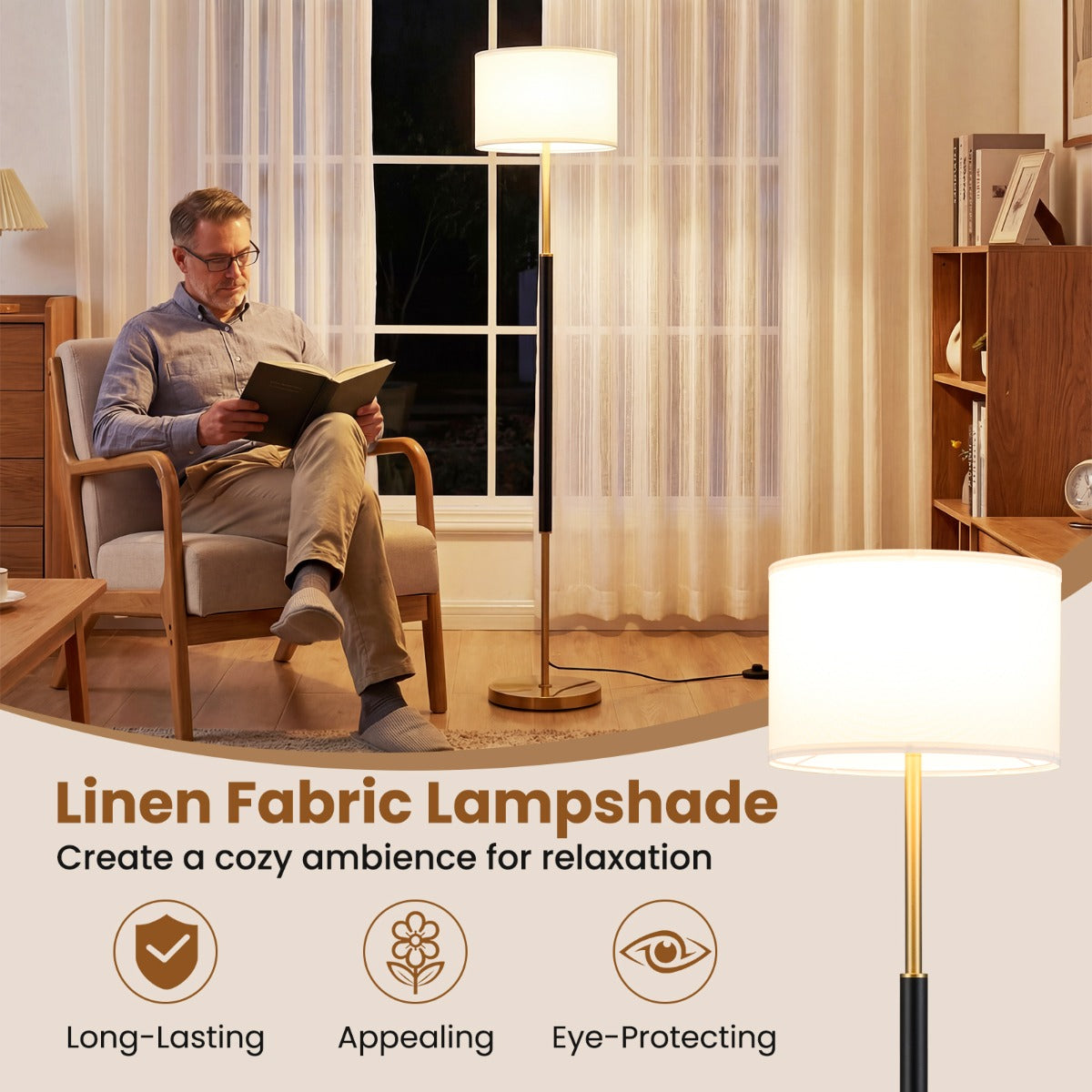 LIVSK Staande Lamp - Elegante Linnen Lampenkap - Voetschakelaar - Verzwaarde Voet - E27 Fitting - 165 cm - Zwart