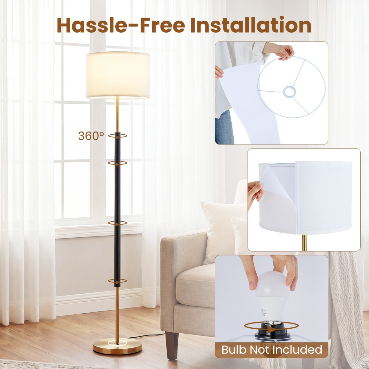 LIVSK Staande Lamp - Elegante Linnen Lampenkap - Voetschakelaar - Verzwaarde Voet - E27 Fitting - 165 cm - Zwart